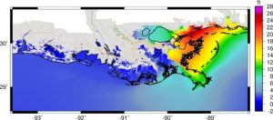 Image showing maximum water-surface elevation during simulation of hurricane Katrina