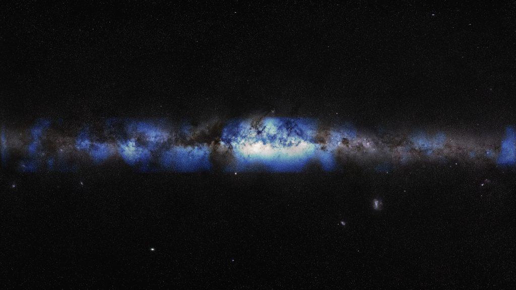 Map of the Milky Way galaxy with the new neutrino map superimposed on a visible-light map.