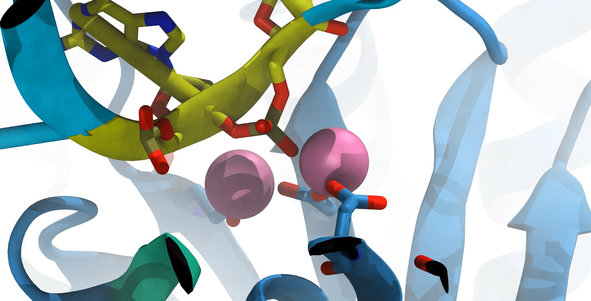 A screenshot of a 3D animation of DNA and proteins, represented by various colorful spheres and irregular polygons.